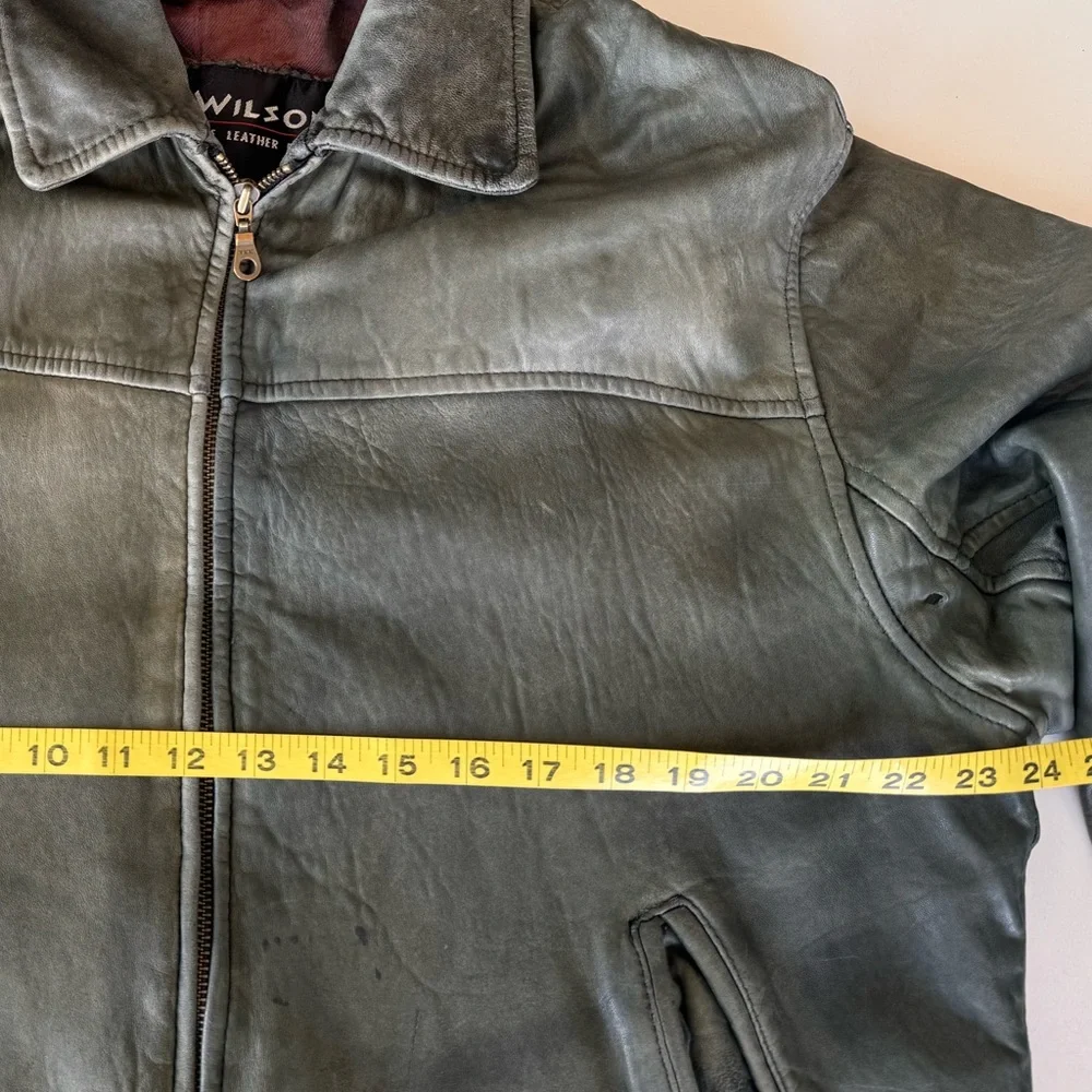 vintage 90s Y2K Wilsons olive green distressed bomber leather jacket * Flaws - Picture 9 of 16